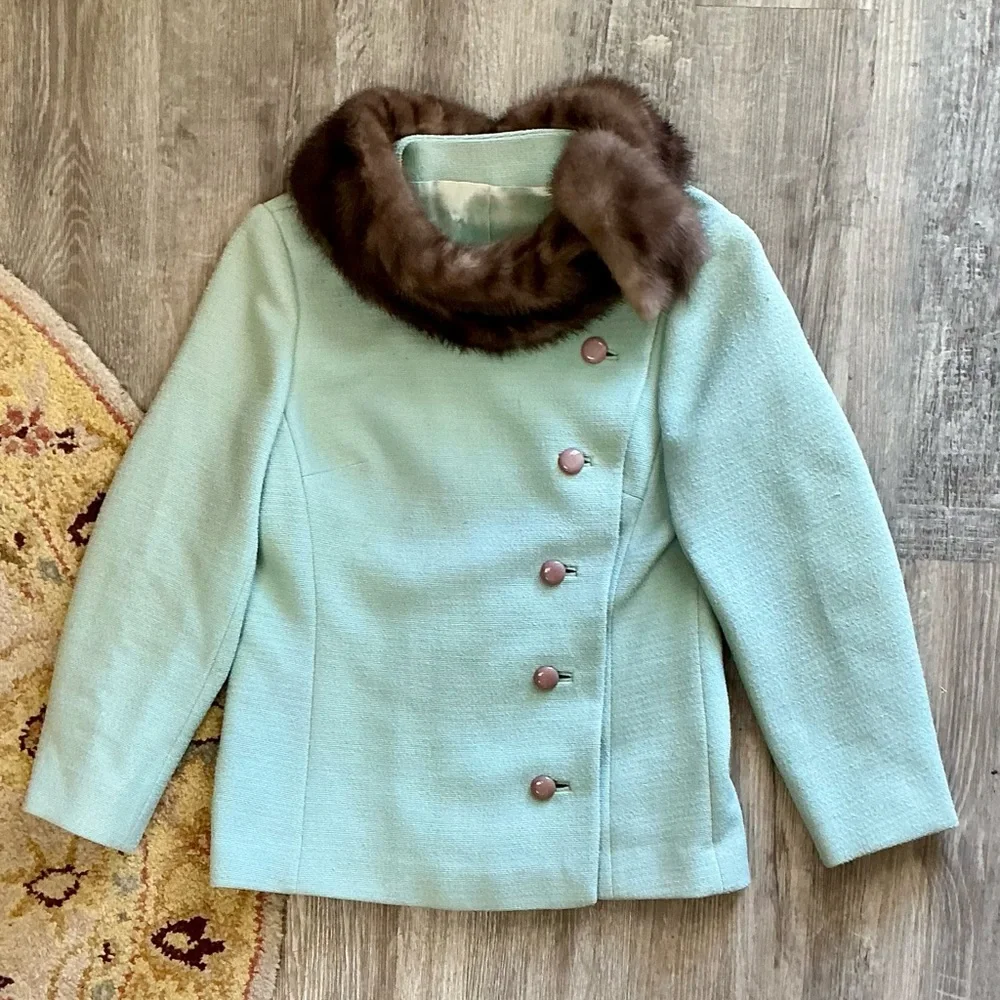 Vintage 1960 Blue Fur Collar Mod Side Button Jacket - Picture 10 of 13